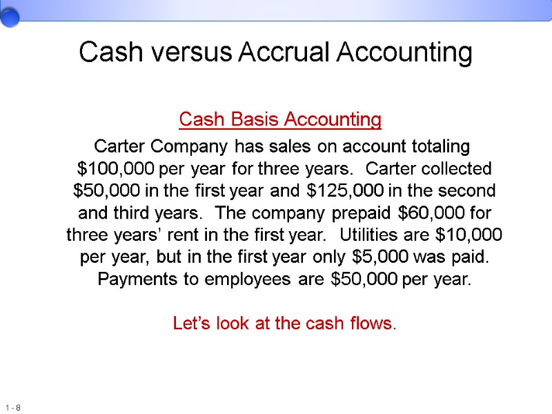 Cash versus Accrual Accounting        Cash Basis Accounting